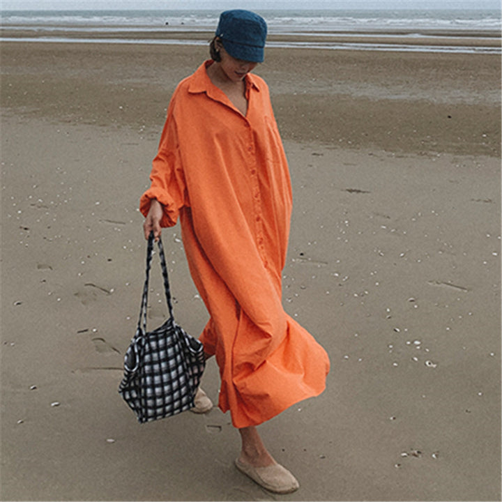 Damen Oversize-Hemdmaxikleid mit durchgehender Knopfleiste und weitem Fall Echoarchiv