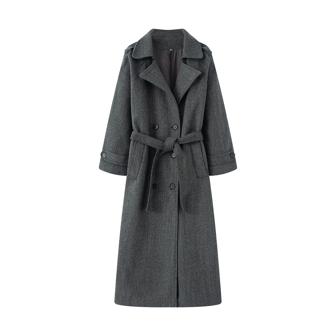 Damen langer Wollmix-Trenchcoat mit Schalkragen Taillengürtel und doppelreihiger Knopfleiste – Montévia