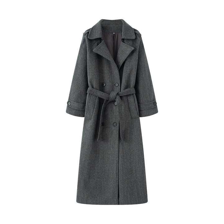 Damen langer Wollmix-Trenchcoat mit Schalkragen Taillengürtel und doppelreihiger Knopfleiste – Montévia