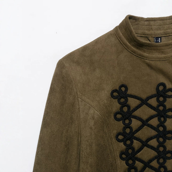 Damen Taillierter Cropped‑Veloursleder‑Blouson mit militärischer Kordelapplikation und Stehkragen Echo Archiv