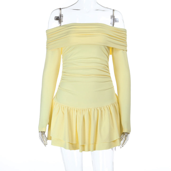 Damen Bardot-Minikleid mit Raffung, langen Ärmeln und Volantrock Echo Archiv