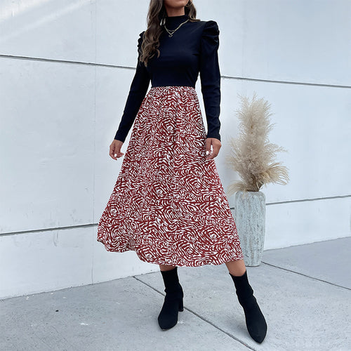 Damen A-Linien-Midirock mit hohem Bund, fließender Silhouette und abstraktem Print Echoarchiv