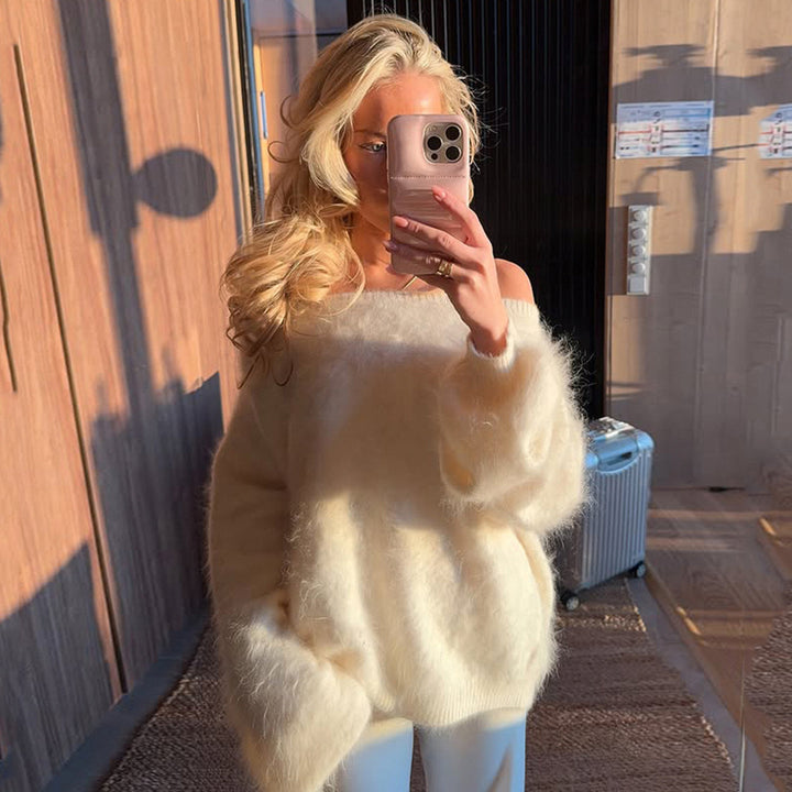 Damen nan oversized flauschiger Mohair-Blend Off-Shoulder Pullover mit Balloon-Ärmeln Echo Archiv