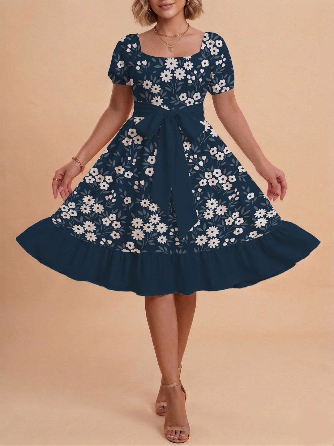 Damen Blumenkleid mit taillierbarem Gürtel und voluminösen Ärmeln Echo Archiv