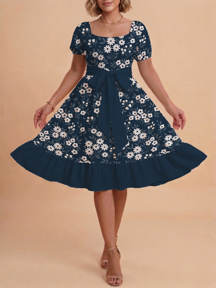 Damen Blumenkleid mit taillierbarem Gürtel und voluminösen Ärmeln Echo Archiv