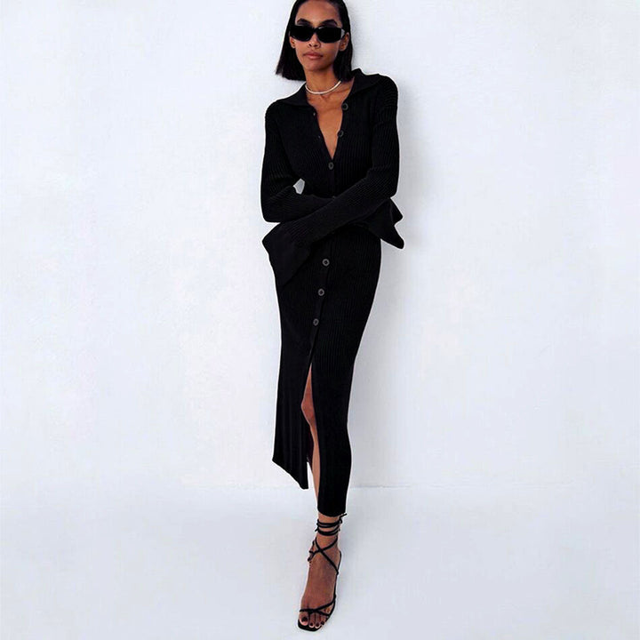 Damen Figurbetontes Rippenstrick-Knopfkleid mit Polokragen Drune
