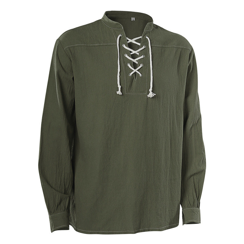 Herren lässiges Kurzarmshirt mit geschnürter V-Kehle, kurzem Stehkragen und weichem Baumwollmix – Marzano