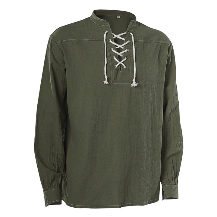 Herren lässiges Kurzarmshirt mit geschnürter V-Kehle, kurzem Stehkragen und weichem Baumwollmix – Marzano