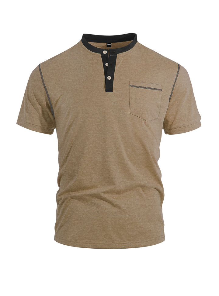 Herren nan legeres Kurzarm-Bandkragenshirt mit Knopfleiste Brusttasche und Flatlocknähten Echo Archiv