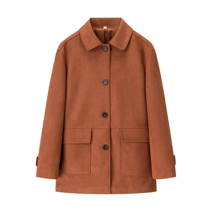 Damen eleganter Veloursmantel mit Hemdkragen aufgesetzten Pattentaschen und geradem Schnitt – Montévia