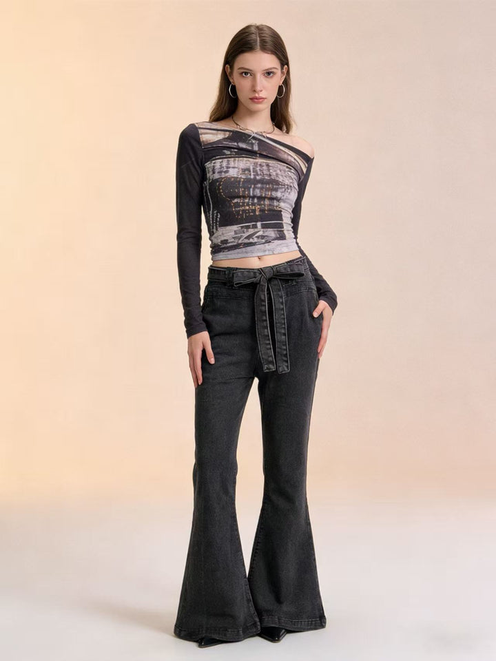Damen nan High‑Waist Denimhose mit Schleifenbund, hoher Taille und weitem Schlag Echo Archiv
