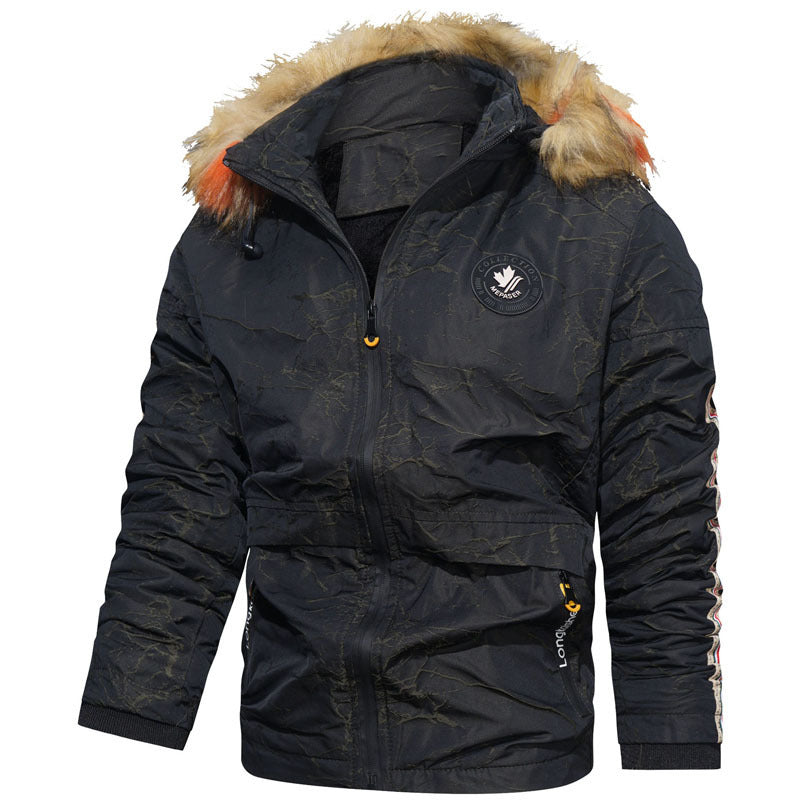 Herren wattierte Kapuzenjacke im Fieldparka-Stil mit Kunstfellbesatz und Ärmel-Stripe Echo Archiv