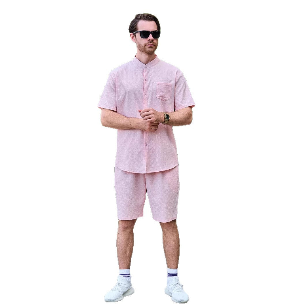Herren modisches Kurzarmhemd und Shorts-Set mit strukturiertem Gewebe und elegantem Stehkragen Echoarchiv