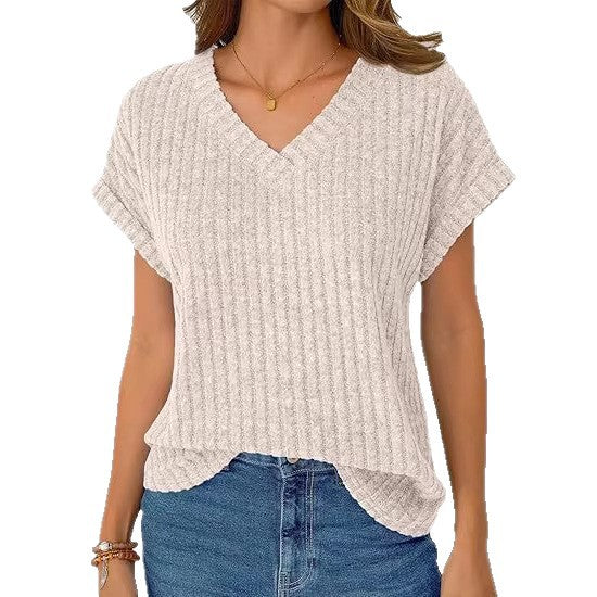 Damen lässiges V-Ausschnitt T-Shirt mit Streifenstruktur Echo Archiv