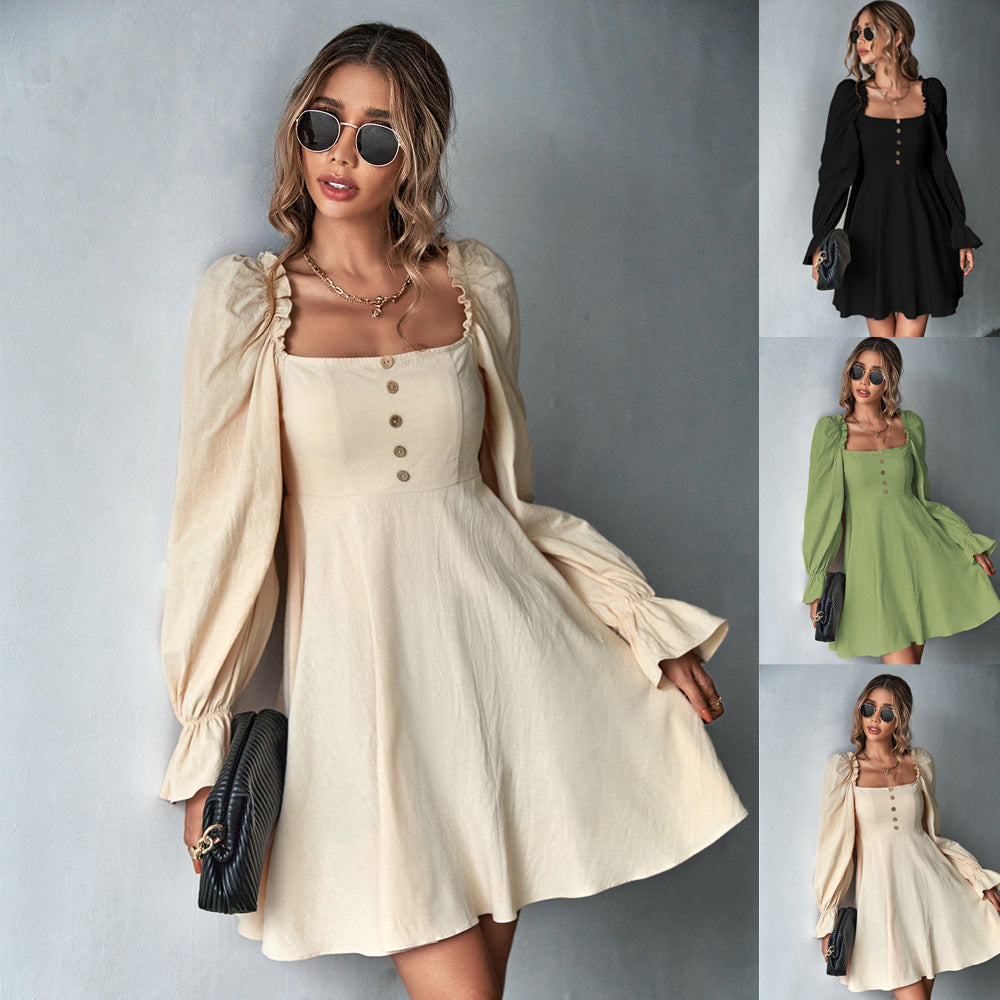 Damen romantisches A-Linien Kleid mit Puffärmeln quadratischem Ausschnitt und taillenbetonter Silhouette – Élara