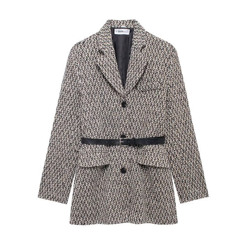 Damen Midilanger Bouclé-Tweed-Blazerjacke mit Lederimitat‑Gürtel Echo Archiv