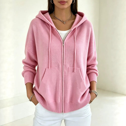 Damen Kapuzen-Wollmix Zip-Cardigan mit kastiger Passform und Kängurutaschen – Auréline