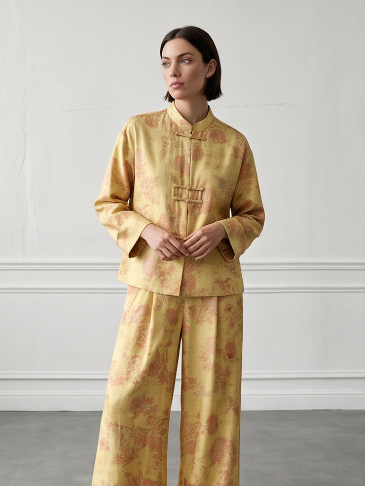Damen Zweiteiliges Jacquard-Set mit Mandarin-Kragen und weit geschnittener Hose Echoarchiv