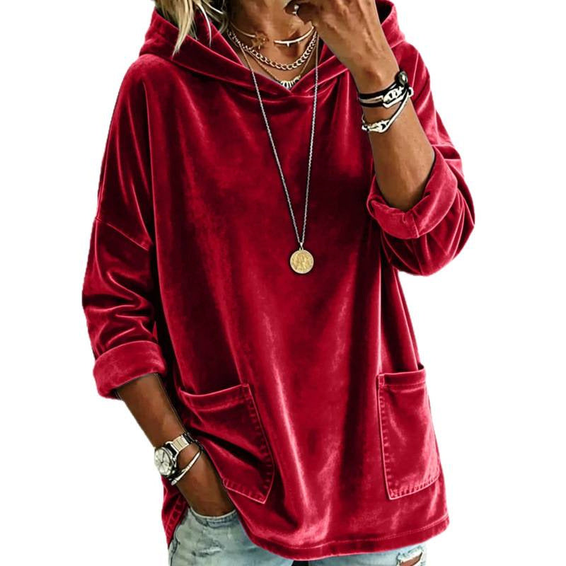 Damen Samt-Hoodie mit Kapuze, Oversize-Schnitt und aufgesetzten Taschen – Auréline