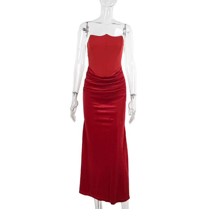 Damen elegantes A-Linien-Maxikleid mit gerafftem Oberteil und trägerlosem Design Echo Archiv