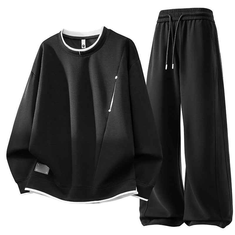 Unisex Oversized Freizeitset Neopren-Look Sweatshirt mit Kontrastbesatz und weiten Sweatpants – Marzano
