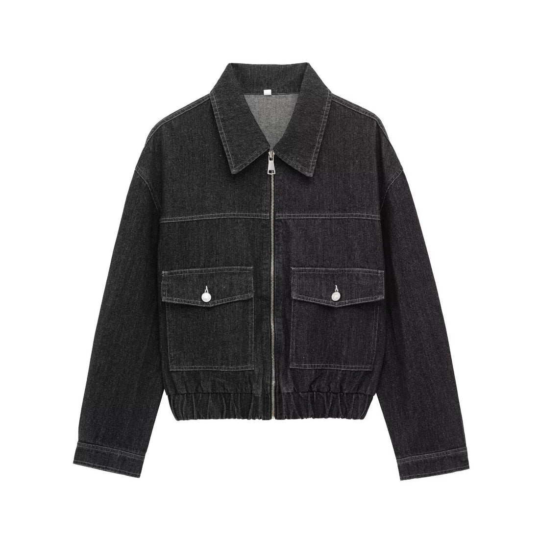 Damen Oversize-Jeansjacke mit durchgehendem Metallreißverschluss, aufgesetzten Klappentaschen und elastischem Saum – Célinea