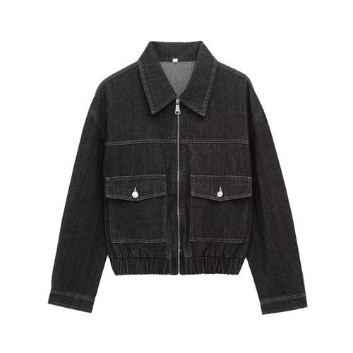 Damen Oversize-Jeansjacke mit durchgehendem Metallreißverschluss, aufgesetzten Klappentaschen und elastischem Saum – Célinea