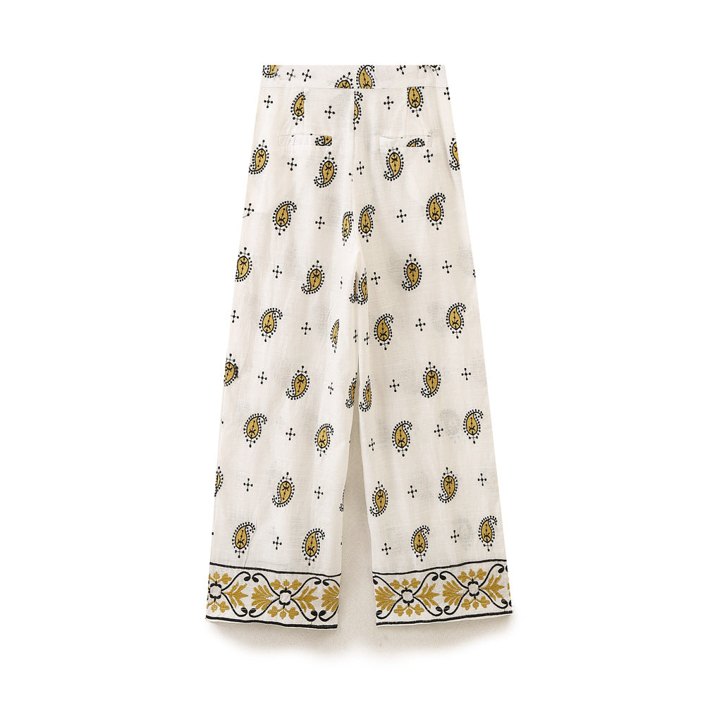 Damen Weite Leinenhose mit Paisley‑Print und besticktem Saum Echoarchiv