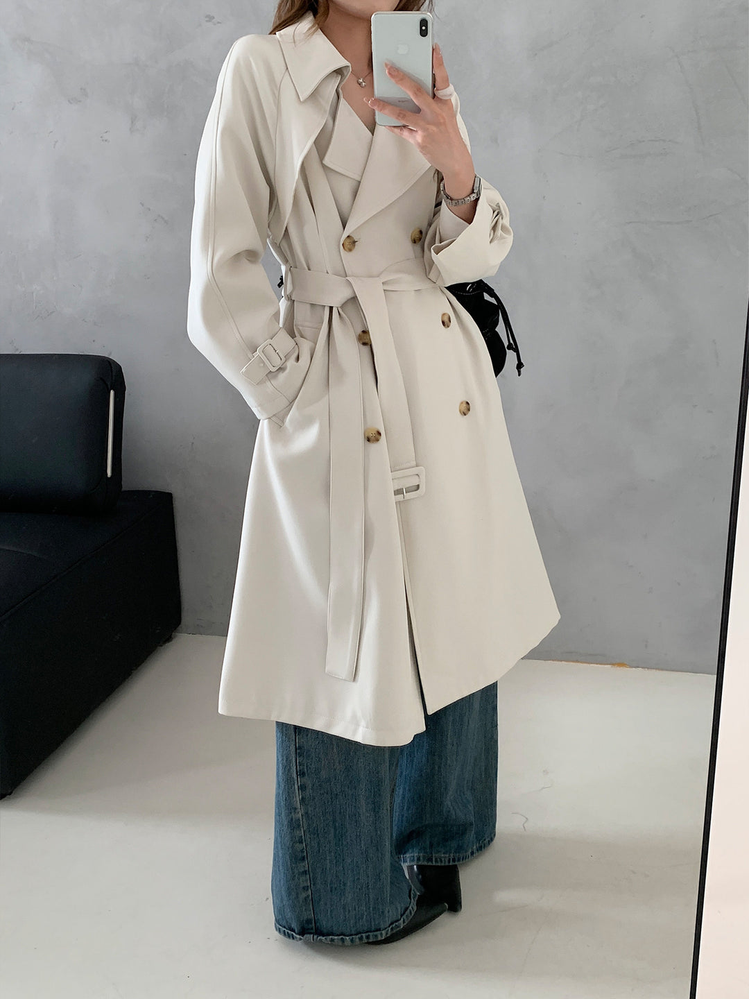 Damen Kastenförmiger Midilanger Trenchcoat mit weichem Fall und verstellbaren Manschetten Echoarchiv