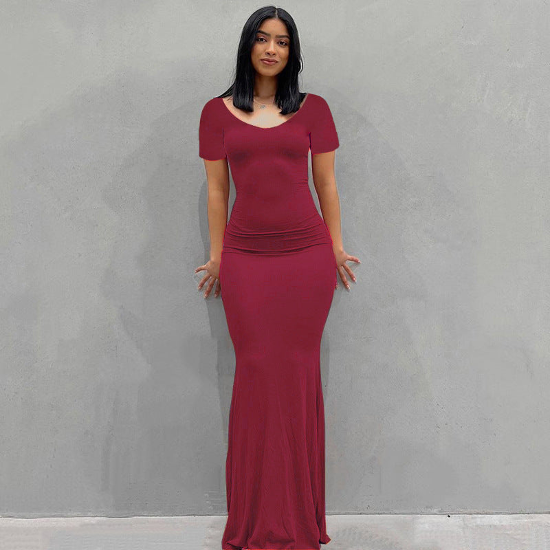 Damen Körperbetontes Maxi‑Jerseykleid mit taillierter Drapierung, langen Ärmeln und ausgestelltem Saum – Valéora