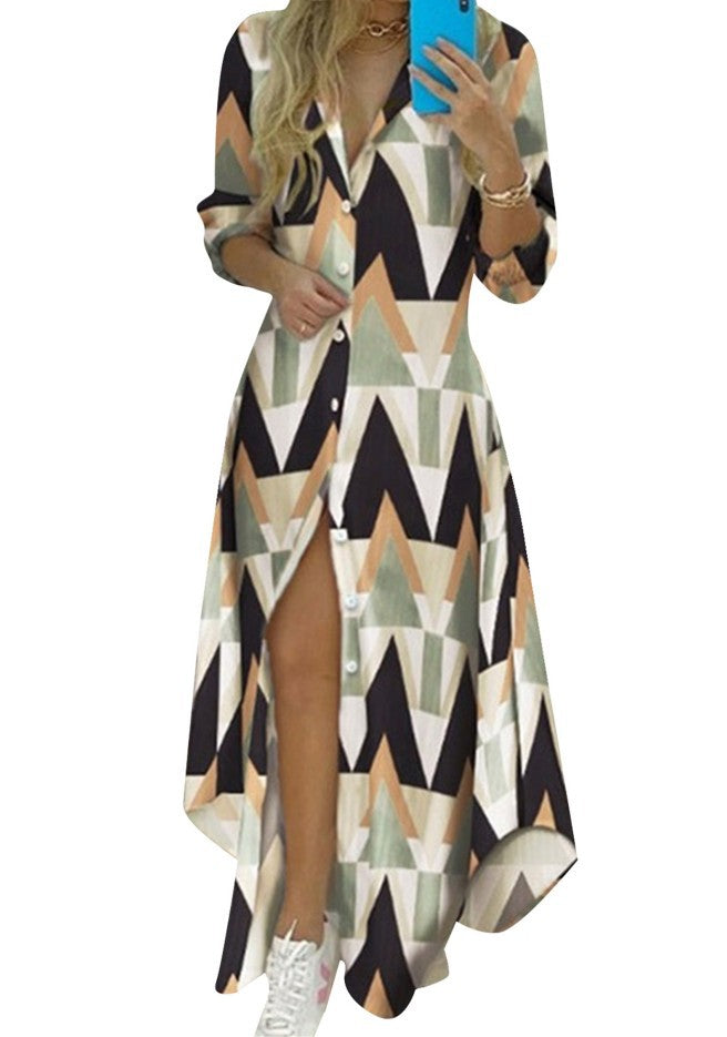 Damen nan knopfbares Maxi-Hemdkleid mit geometrischem Muster, V-Ausschnitt, Kentkragen und hohem Beinschlitz Echo Archiv