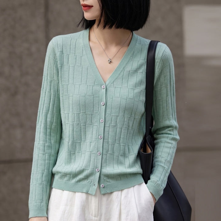 Damen V‑Ausschnitt-Feinstrickcardigan mit strukturierter Blockoptik und durchgehender Knopfleiste Echoarchiv