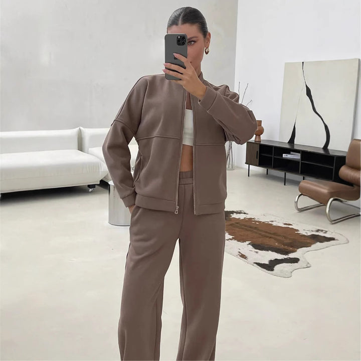 Damen lässiges Zip-Lounge-Set mit Stehkragen und weitem Highwaist-Joggpant – Auréline