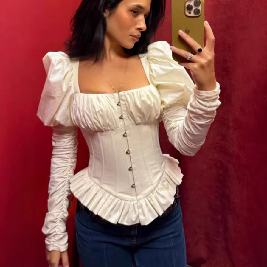 Damen Corsagenbluse mit Puffärmeln, Rüschen-Saum und Schnürdetail Echoarchiv