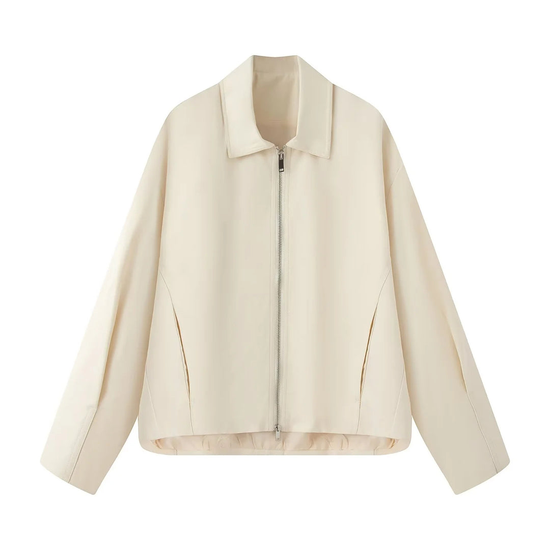 Damen leichte lässige Boxy-Blousonjacke mit verdecktem Zwei-Wege-Reißverschluss, hohem Kragen und seitlichen Eingrifftaschen – Célinea