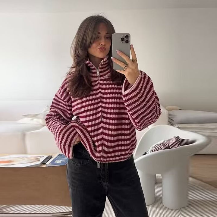 Damen Gestreifte Strick‑Zipjacke im Cropped‑Boxy‑Schnitt mit Hemdkragen Echoarchiv