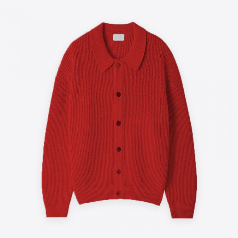 Unisex Grobgerippte Strickjacke mit Hemdkragen und durchgehender Knopfleiste Echoarchiv