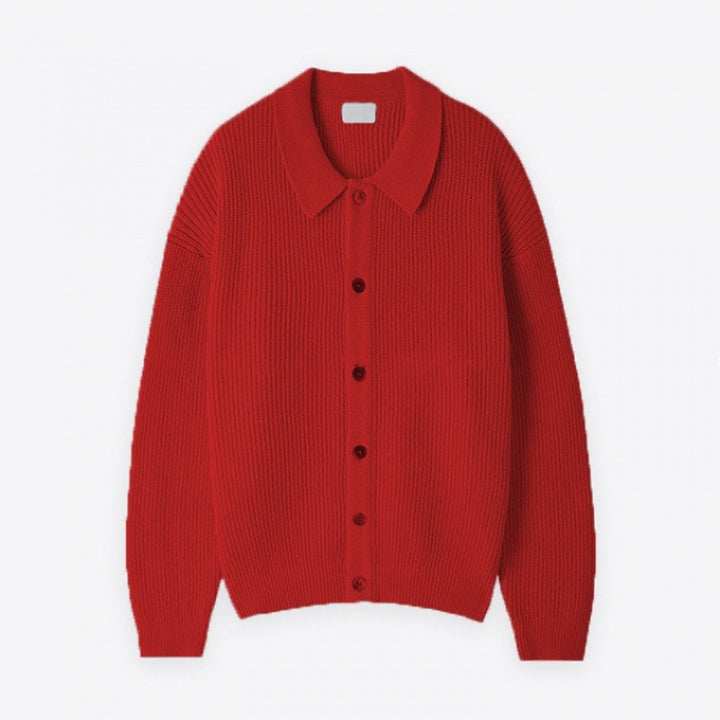 Unisex Grobgerippte Strickjacke mit Hemdkragen und durchgehender Knopfleiste Echoarchiv