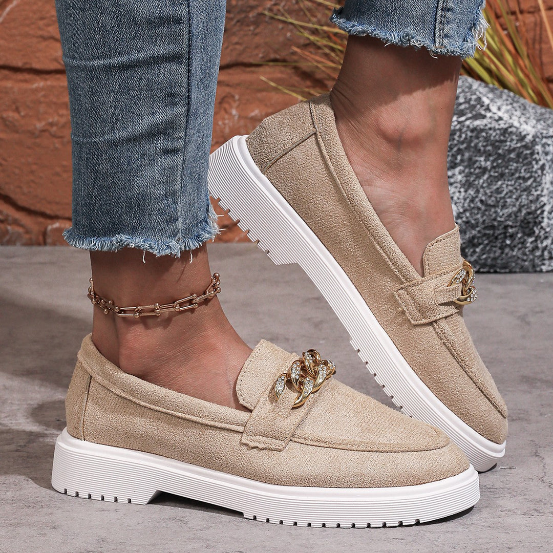Damen  elegante Slipper mit Plateau-Laufsohle, goldener Schmuckkette und gepolstertem Komfortfußbett Echo Archiv