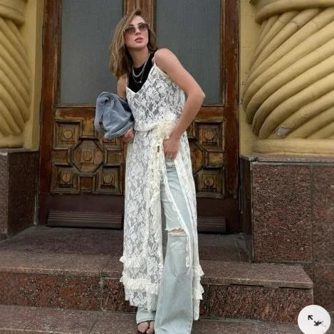 Damen Spitzenkimono mit offener Front und Rüschendetails Echo Archiv