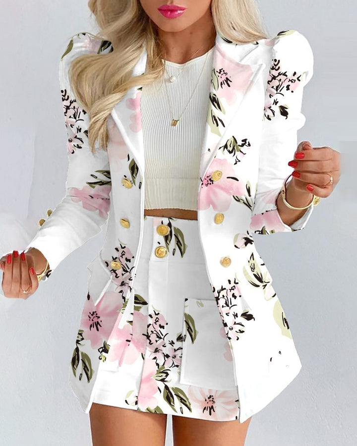 Damen Zweiteiliges karriertes Blazer- und Minirock-Set mit betonten Puffärmeln und goldenen Knöpfen – Valéne