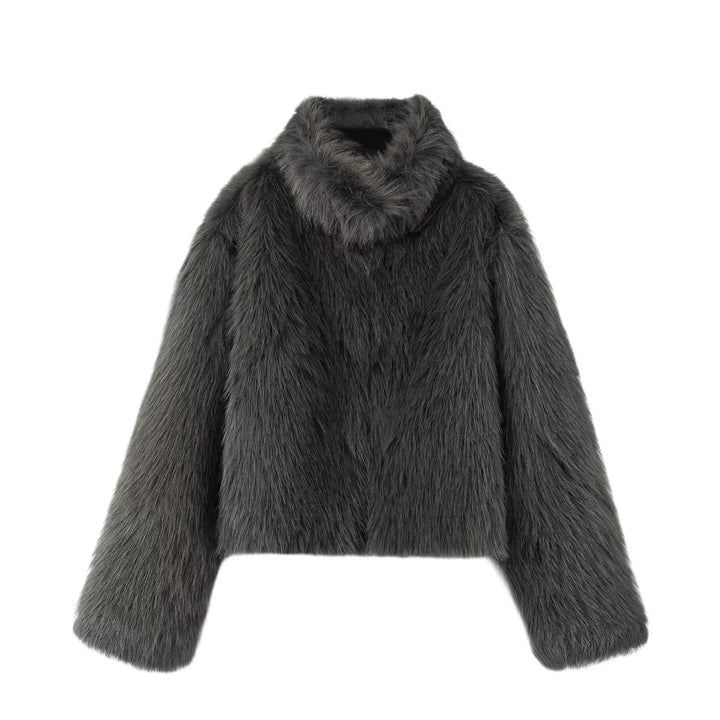 Damen kurzer Fauxfur Kurzblouson mit hohem Stehkragen, kurzem Boxy-Schnitt und langfloriger Kunstfelloptik – Avérine