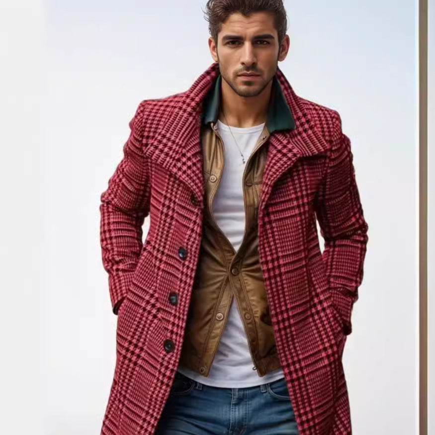 Herren eleganter Karomantel mit großflächigen Taschen und hohem Kragen Echoarchiv