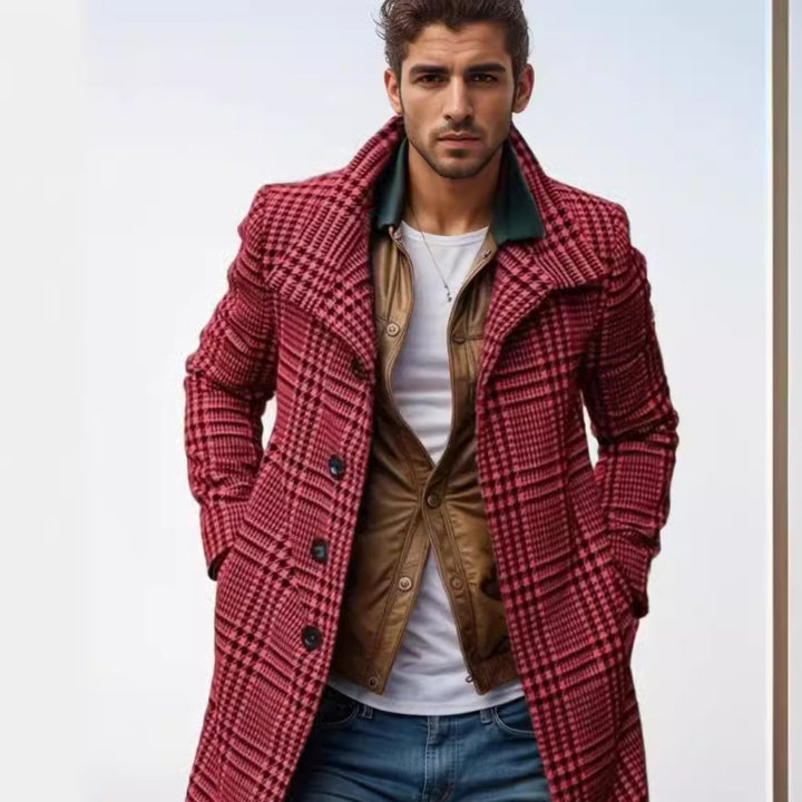 Herren eleganter Karomantel mit großflächigen Taschen und hohem Kragen Echoarchiv