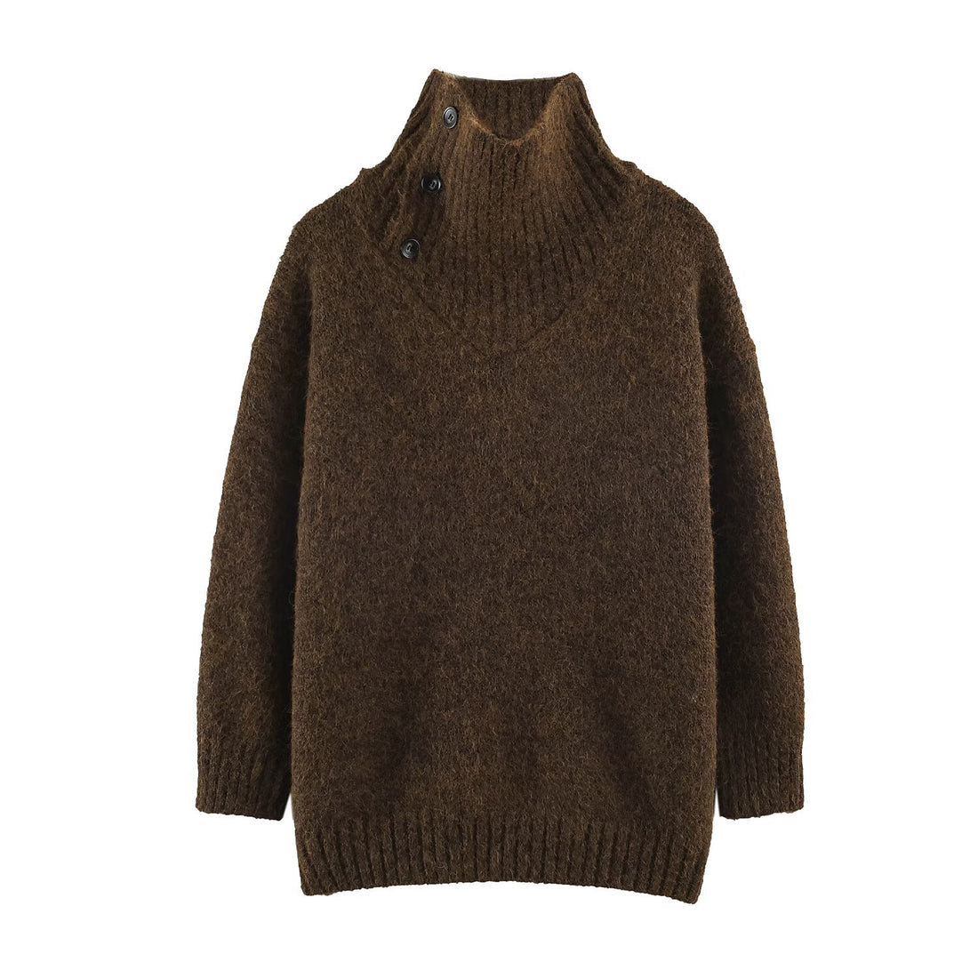 Damen Oversized Strickpullover mit hohem Rippkragen, Knopfdetail und V‑Ausschnitt Echoarchiv