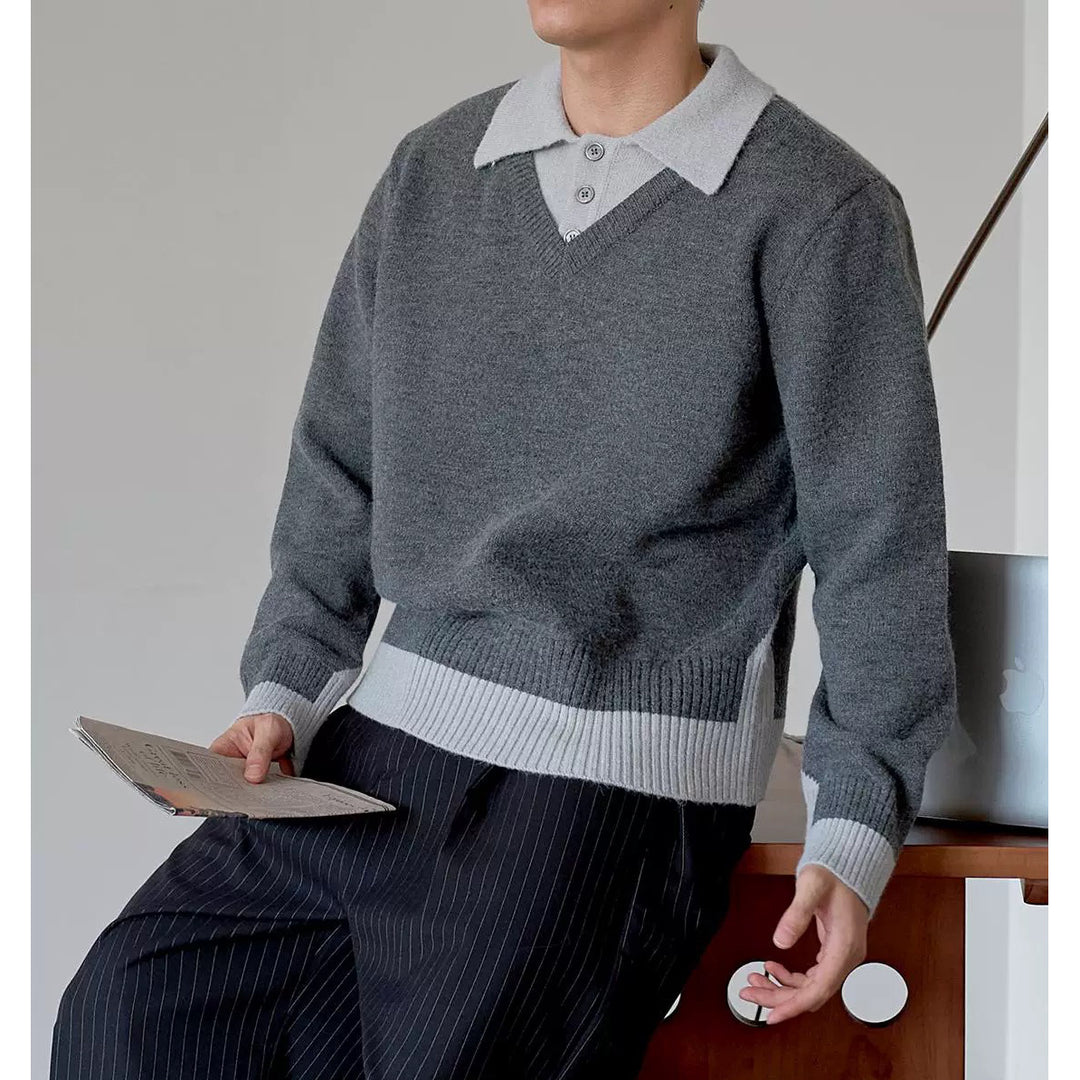 Herren Eleganter Grobstrickpullover mit kontrastierendem Kragen Echoarchiv