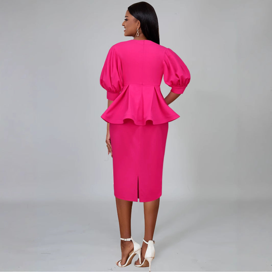 Damen elegantes A-Linien Kleid mit modischen Puffärmeln und floralem Akzent Echo Archiv