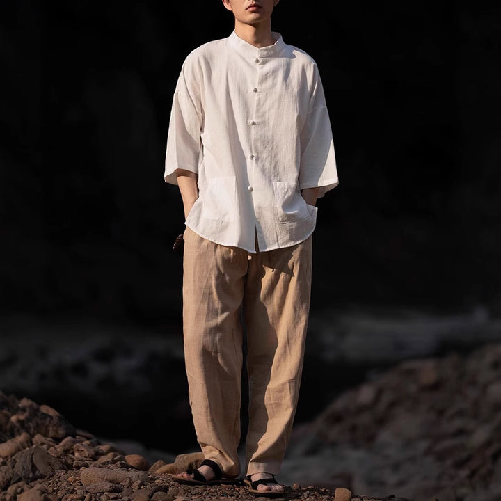 Herren Oversize Hemd im Kimono-Stil aus Leinen-Baumwollmix mit Stehkragen Echoarchiv