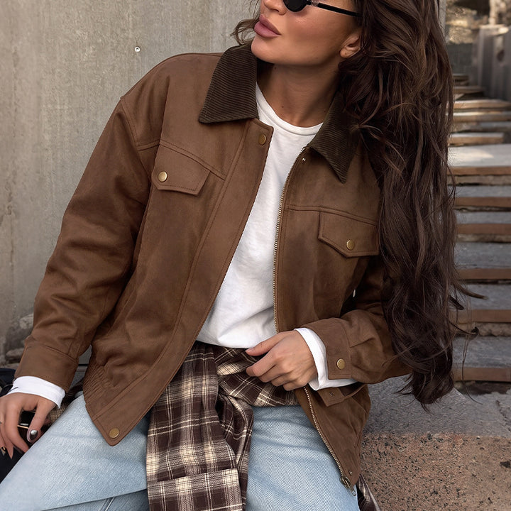 Damen Modische Velours-Lederjacke mit Cordkragen Echo Archiv