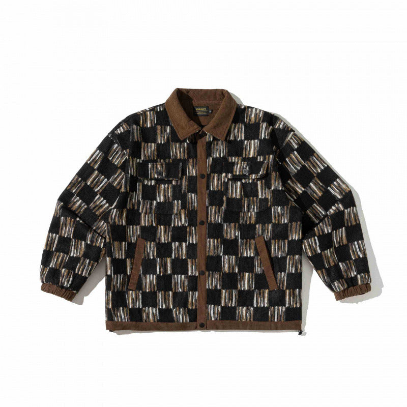 Unisex Kastenförmige Overshirt-Jacke mit Cordkragen, geometrischem Jacquardmuster und Pattentaschen Echo Archiv